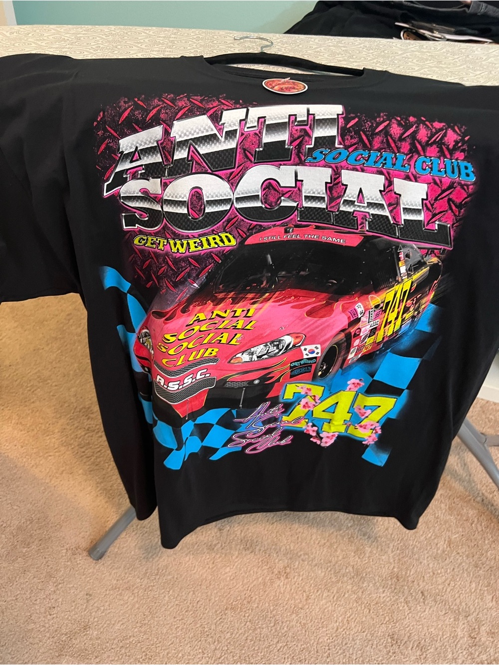 Anti Social Social Club Black Tee with Pink Race Car & Blue Accents